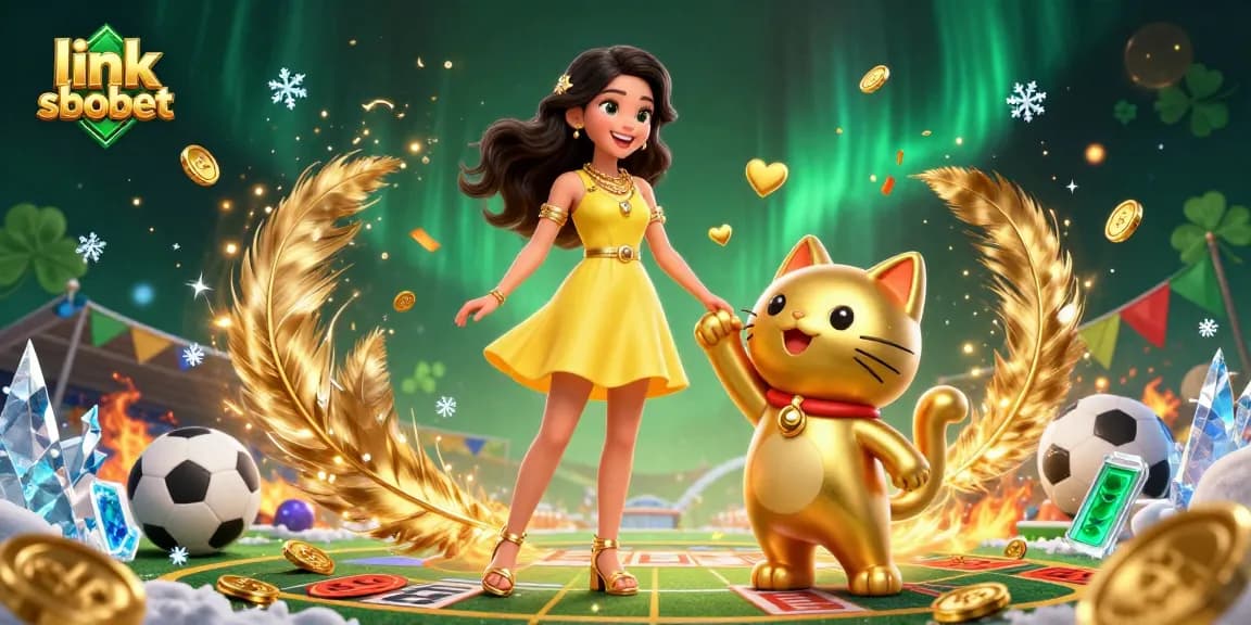 Engage in exciting betting with link sbobet, a vibrant scene featuring a cheerful Asian woman and a lucky cat.