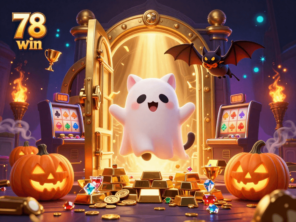 Engage with the mystical 78 win world, where a friendly ghost cat and bat explore a haunted casino.