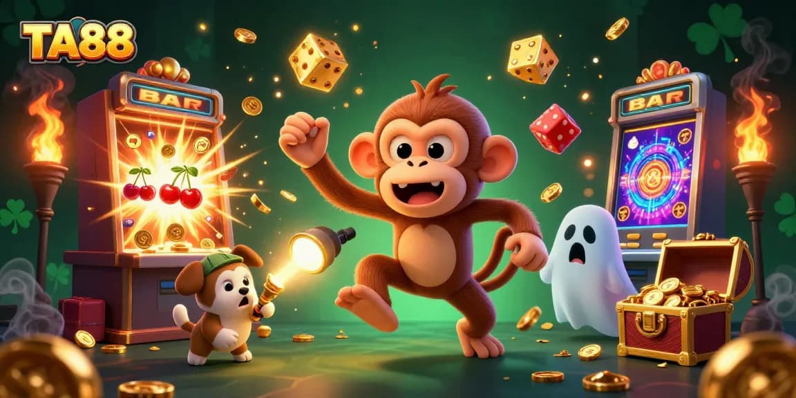 Experience the excitement of TA88 with a lively casino scene featuring a playful poltergeist monkey and a ghost-hunter puppy.