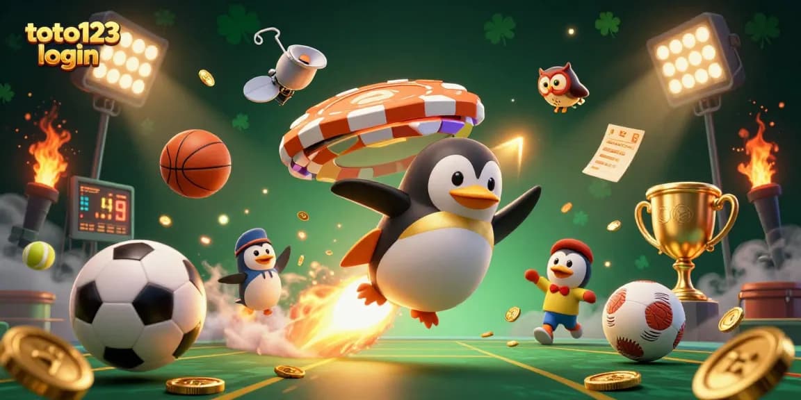 Experience exciting gaming with toto123 login, as a golden penguin ascends towards a dream casino.