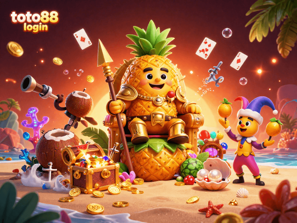 Engage in thrilling games with toto88 login featuring a golden pineapple king among lively casino elements.