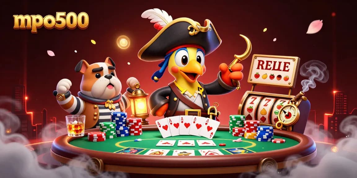 Mpo500 showcases a vibrant casino scene with dynamic characters and poker elements creating an engaging atmosphere.
