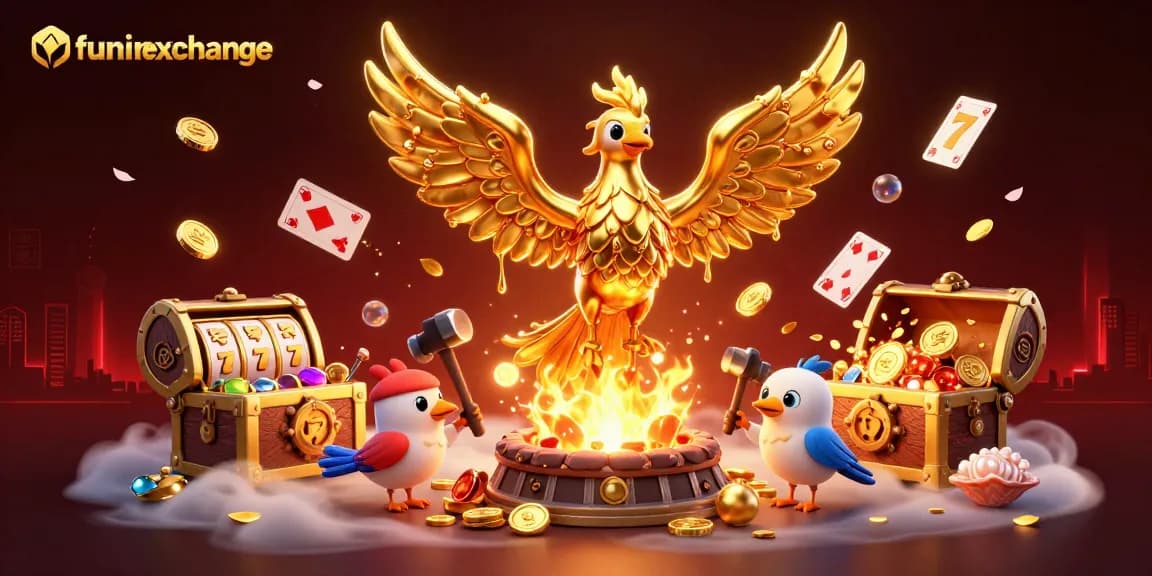 Experience winning gameplay at funinexchange with a phoenix rising and floating slot elements.
