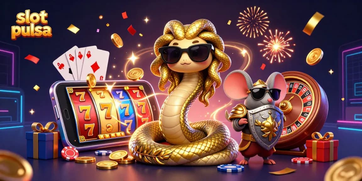 Engage with slot pulsa gaming action featuring Medusa and a warrior mouse amidst vibrant casino elements.