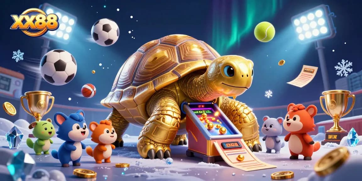 Experience xx88's dynamic gaming world with a golden tortoise pinball machine surrounded by sports elements.