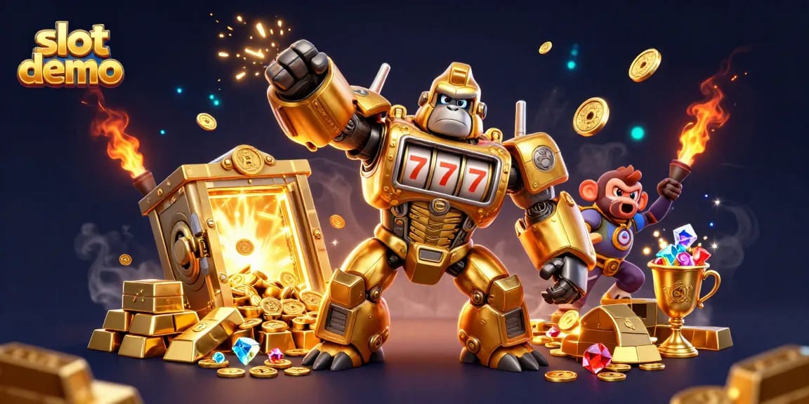 Spin winning reels with slot demo showcasing a golden gorilla mech in an eye-catching casino scene.