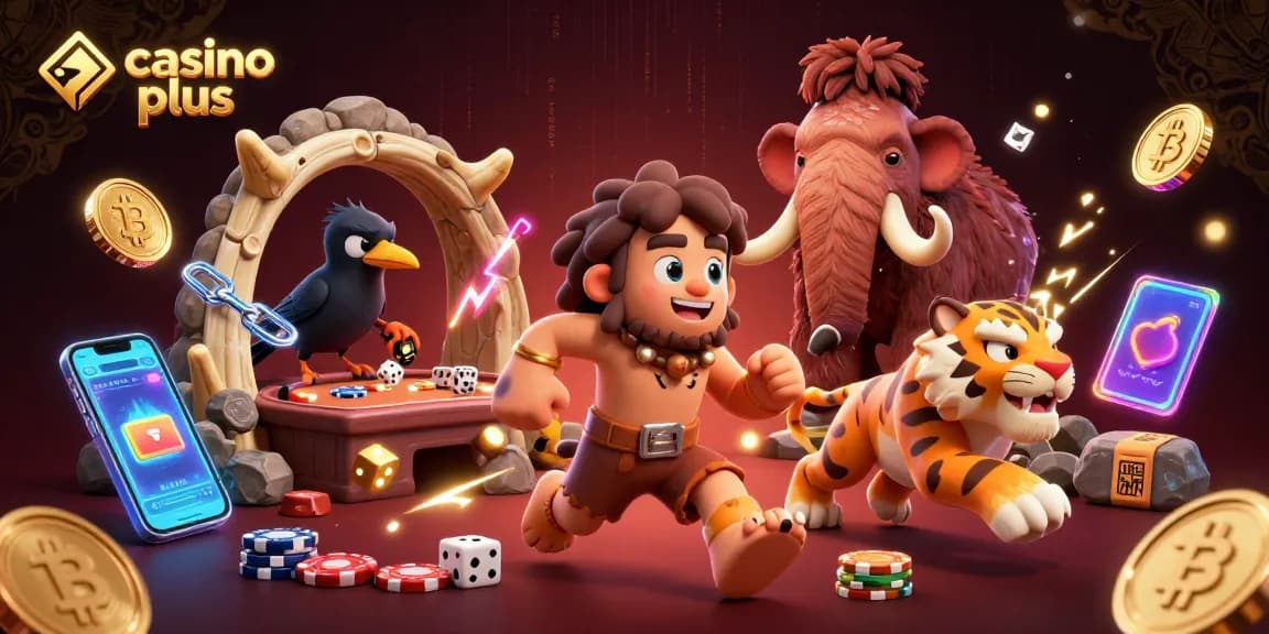 Engage with casino plus exhilarating games featuring cartoon caveman duo and crypto elements.