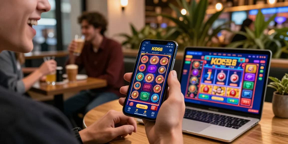 Excited user engaging with KO66 app, vibrant casino games displayed.