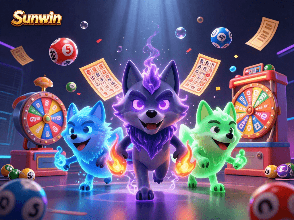 Experience thrilling gameplay at Sunwin with a vibrant illustration of casino elements and ghostly wolves.