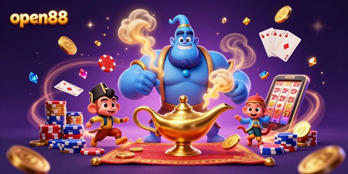 Join the excitement at open88 with a magical genie, poker chips, and dazzling casino elements.