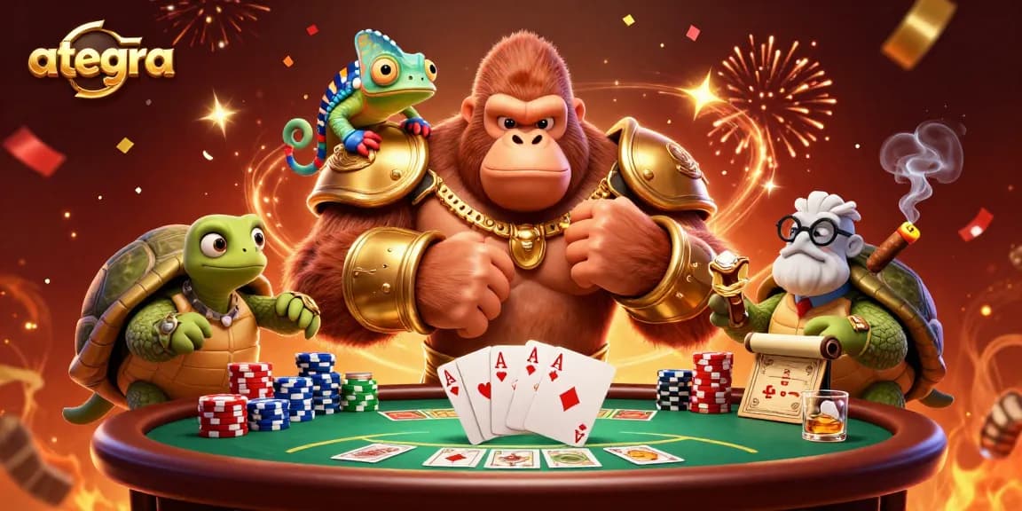 Ategra's vibrant 3D scene depicts a gorilla king, chameleon, and tortoise amidst poker elements.