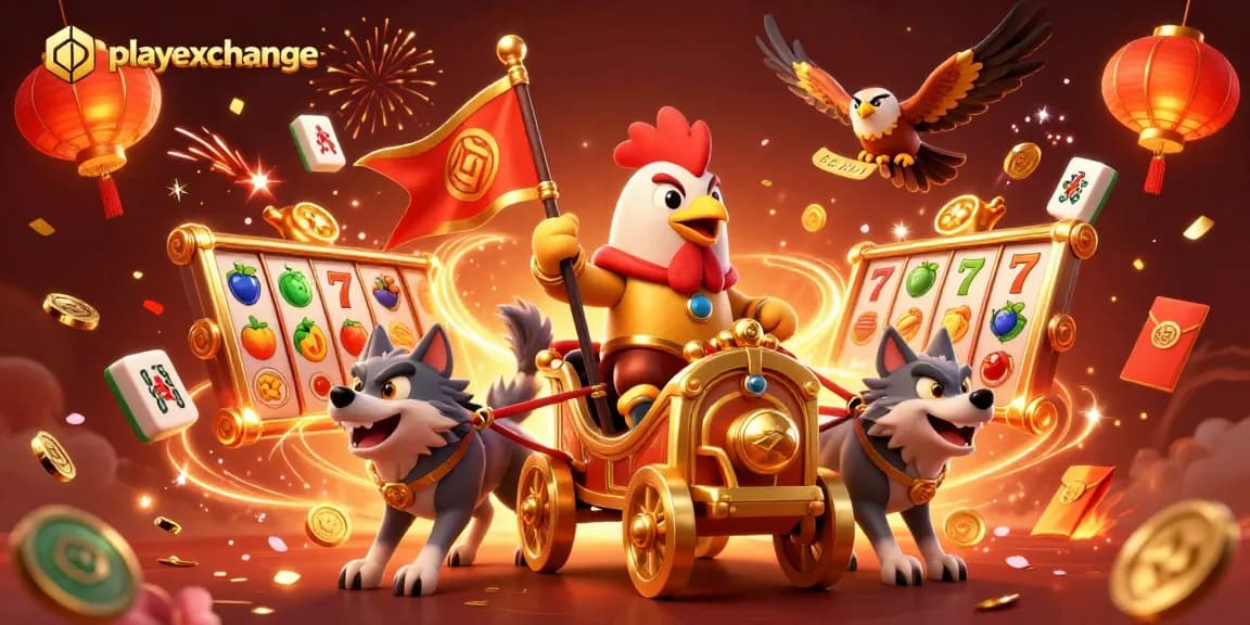 Join the excitement with playexchange as a rooster warlord leads the thrill of slot reels spinning and joyous celebrations in a dynamic casino scene.