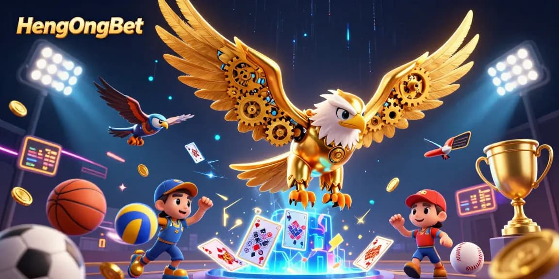 Experience thrilling gaming with HengOngBet as a cybernetic eagle dives through a vibrant casino scene.