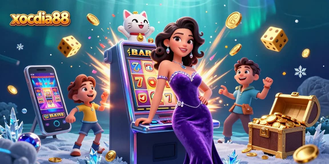Xocdia88 online casino illustration featuring a glamorous woman on a jackpot slot machine with coins erupting.