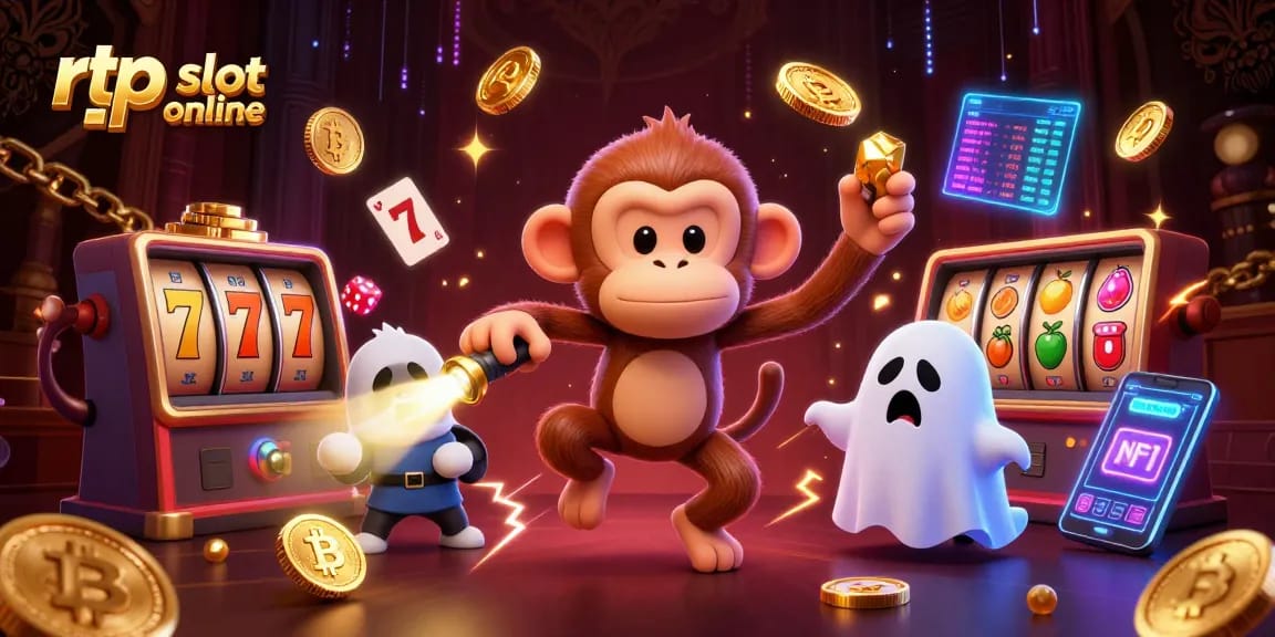 Engage with high RTP slot online action featuring a playful monkey and curious puppy amidst a chaotic gambling scene.