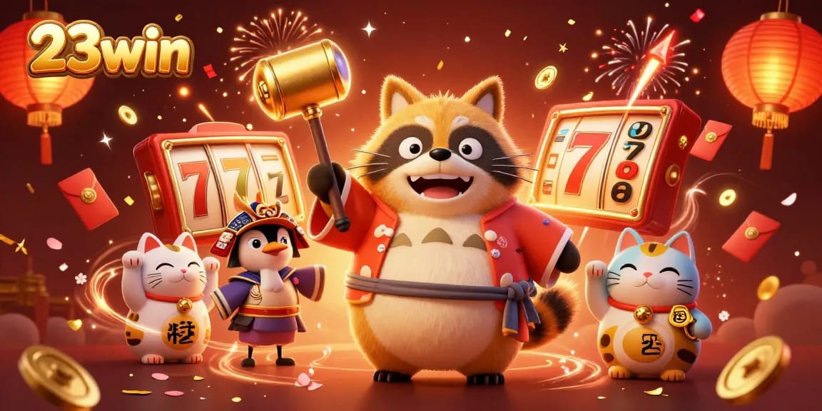 23win offers exciting slots experience highlighted by a cheerful tanuki and vibrant 3D elements.