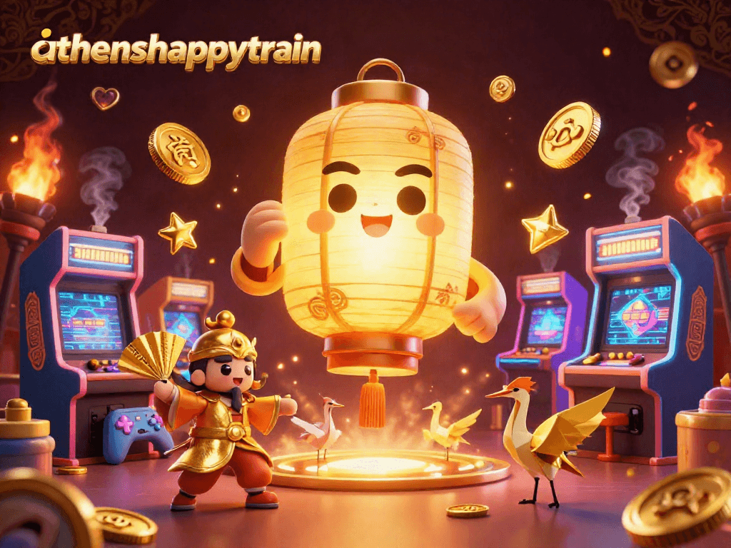 Experience vibrant casino action at athenshappytrain with golden lantern spirit, arcade games, and lucky symbols.