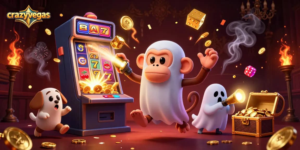 Catch the fun at crazyvegas as a mischievous poltergeist monkey juggles casino treasures in a haunted slot scene.