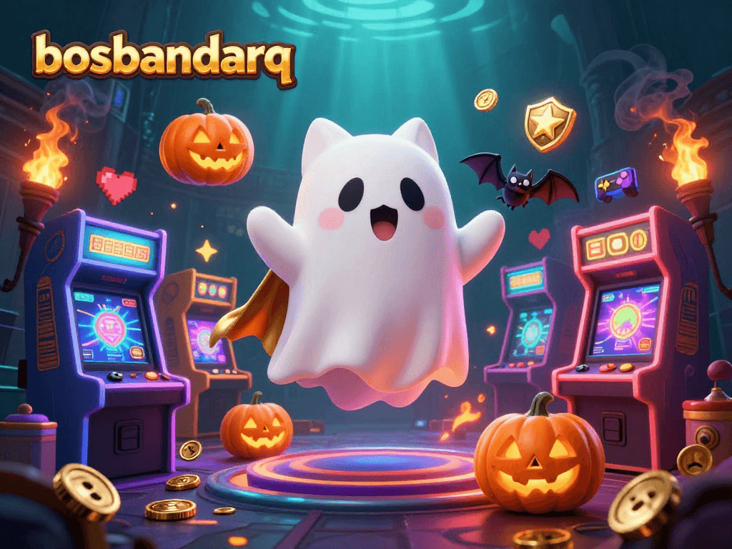 Engage with bosbandarq through a lively haunted casino adventure featuring a ghost cat and glowing slot machines.
