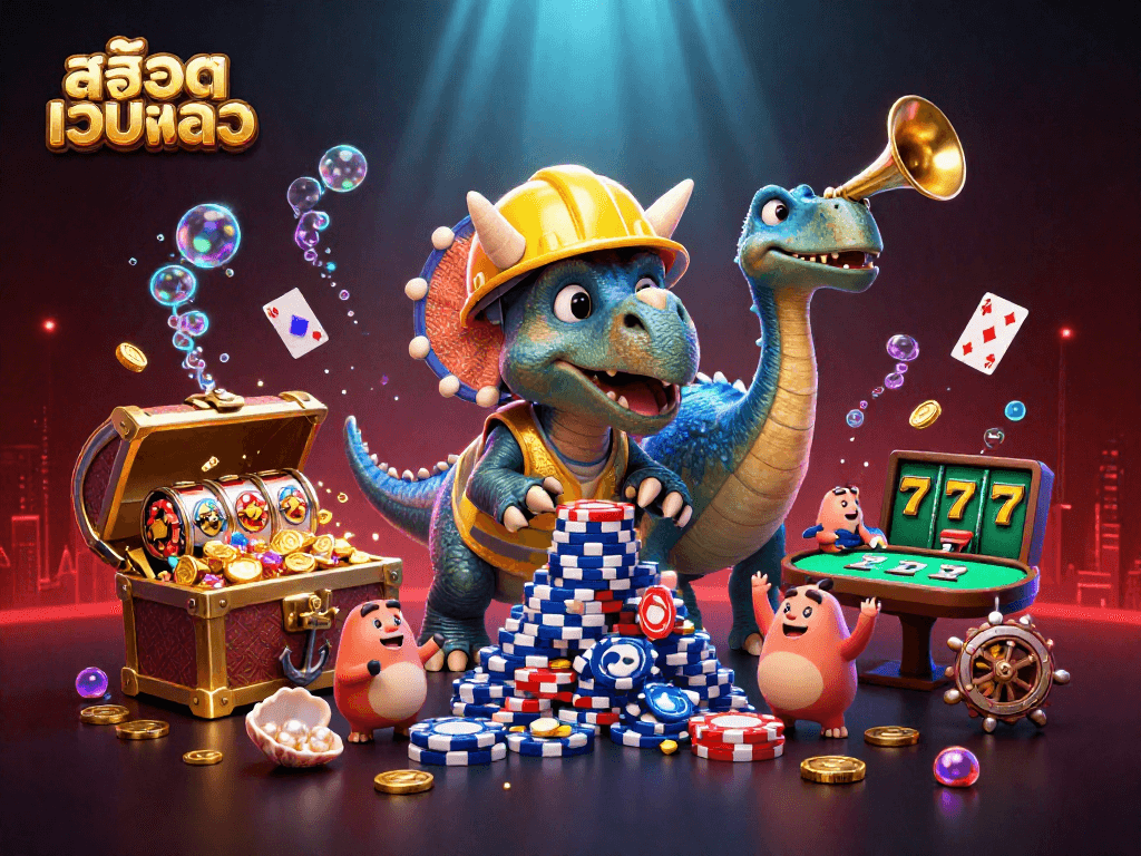 Celebrate winning with สล็อตเว็บตรง as a triceratops builds poker chips amid underwater treasures and vibrant casino elements.