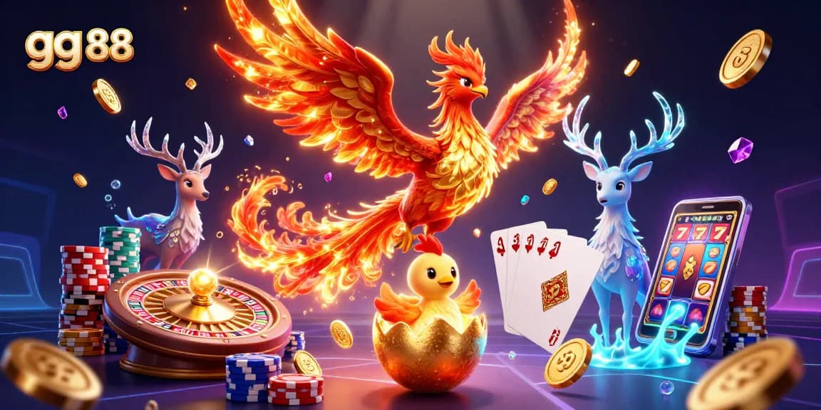 Experience excitement with gg 88's vibrant casino scene, featuring a phoenix and dynamic game elements.