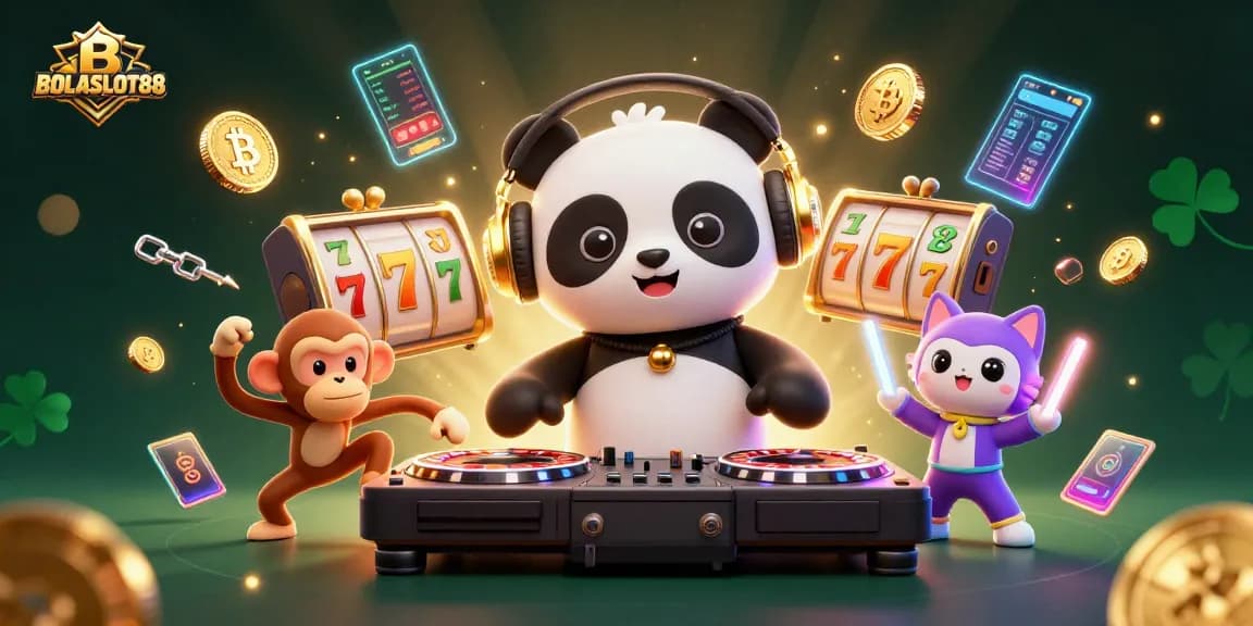 Experience BOLASLOT88 with a lively cartoon scene of characters amidst slots and crypto elements.