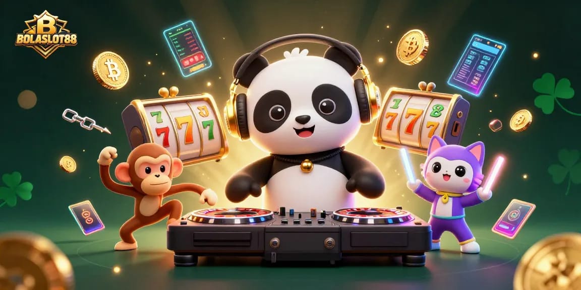 Experience BOLASLOT88 with a lively cartoon scene of characters amidst slots and crypto elements.