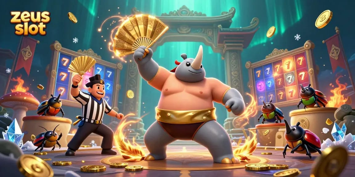 Experience the zeus slot excitement with a dynamic scene of a beetle champion celebrating wins, slot reels, and coins flying around.