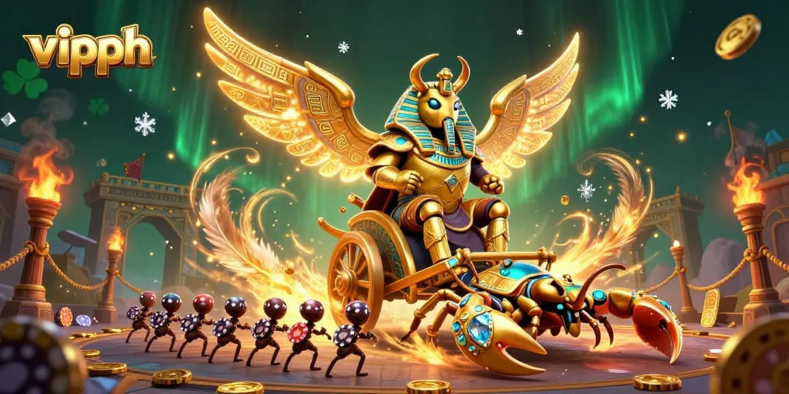 Experience the thrill of vipph online casino with a dynamic 3D scene featuring a colossal scarab beetle and more.