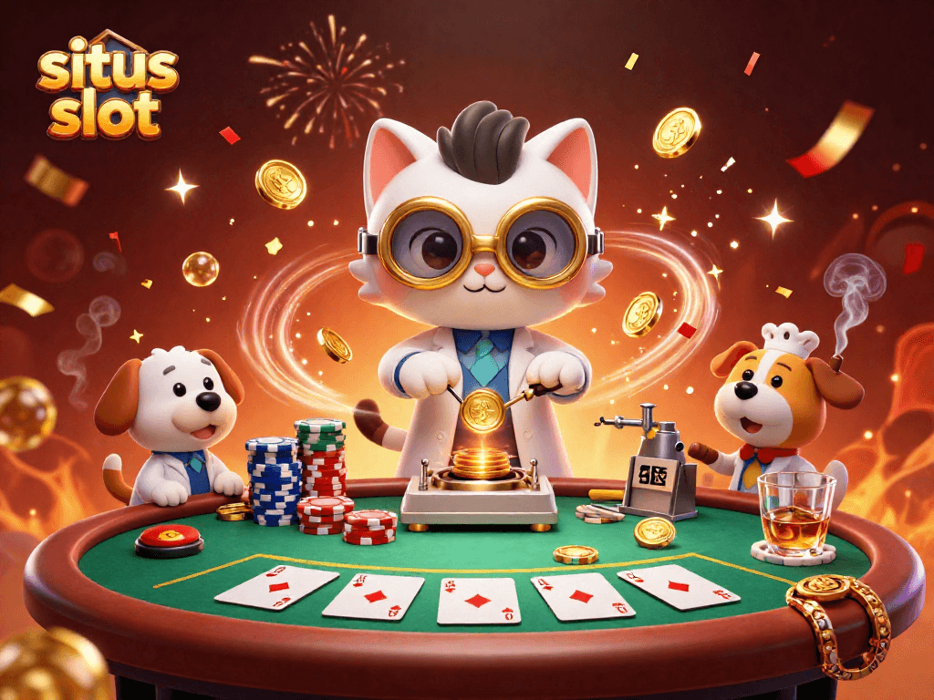 Engage in situs slot action with a mad scientist cat and loyal dog amid colorful poker elements.