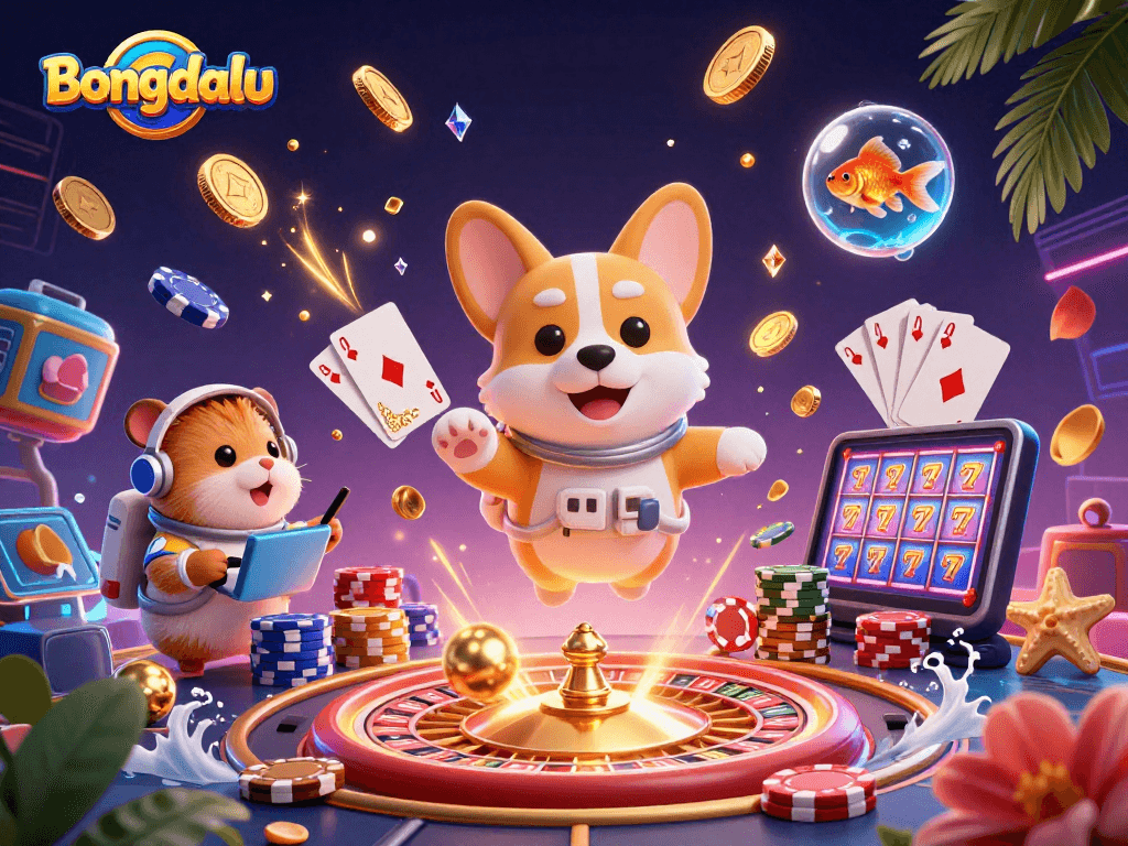 Bongdalu showcases a vibrant casino scene with a cartoon astronaut corgi and dynamic gambling action