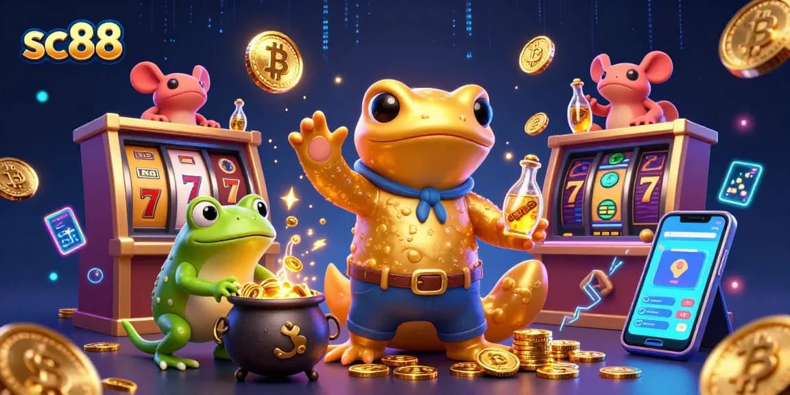 Immerse in the world of sc88 with a golden salamander and frog alchemist amidst gold coins and slots.