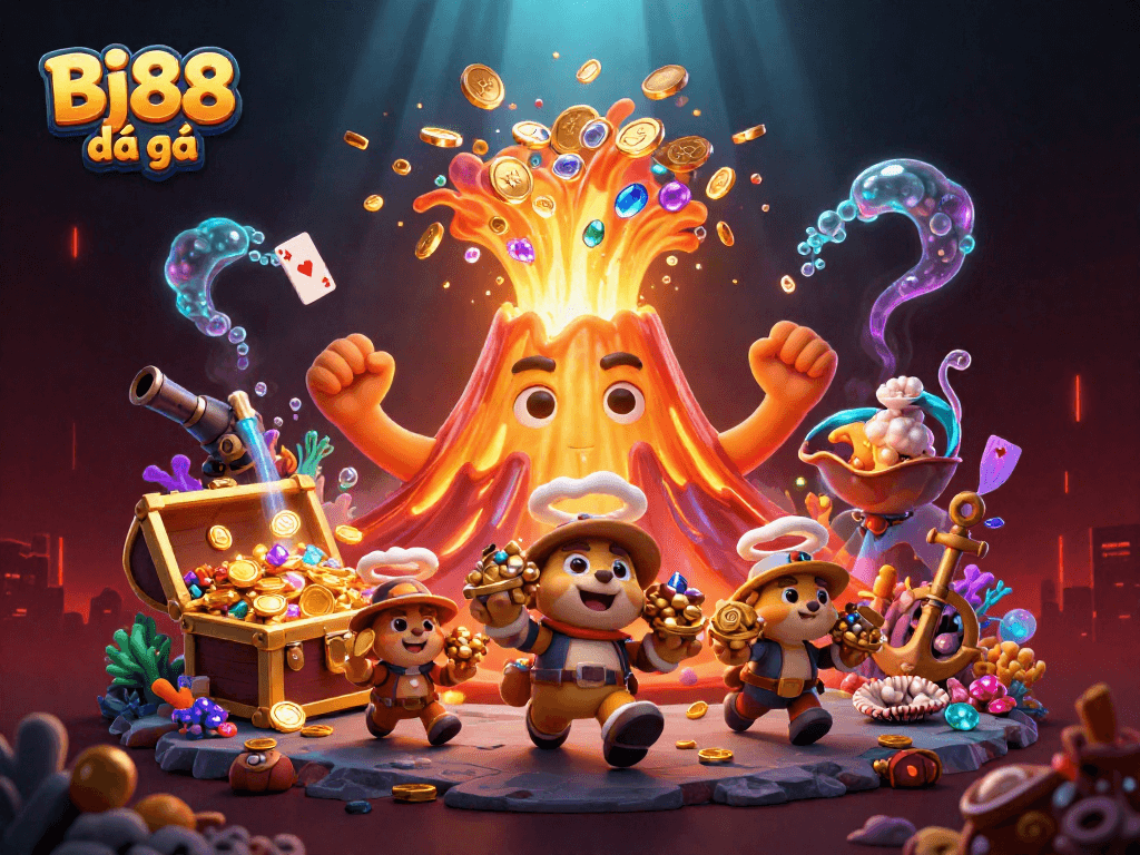 Bj88 đá gà showcases a vibrant scene of a golden volcano amidst floating playing cards and treasure chests.