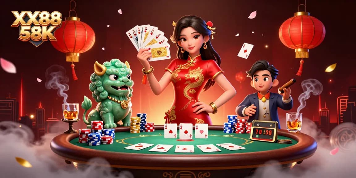 Engage with the vibrant scene of XX88 58K featuring a woman in qipao, poker elements, and golden lanterns.