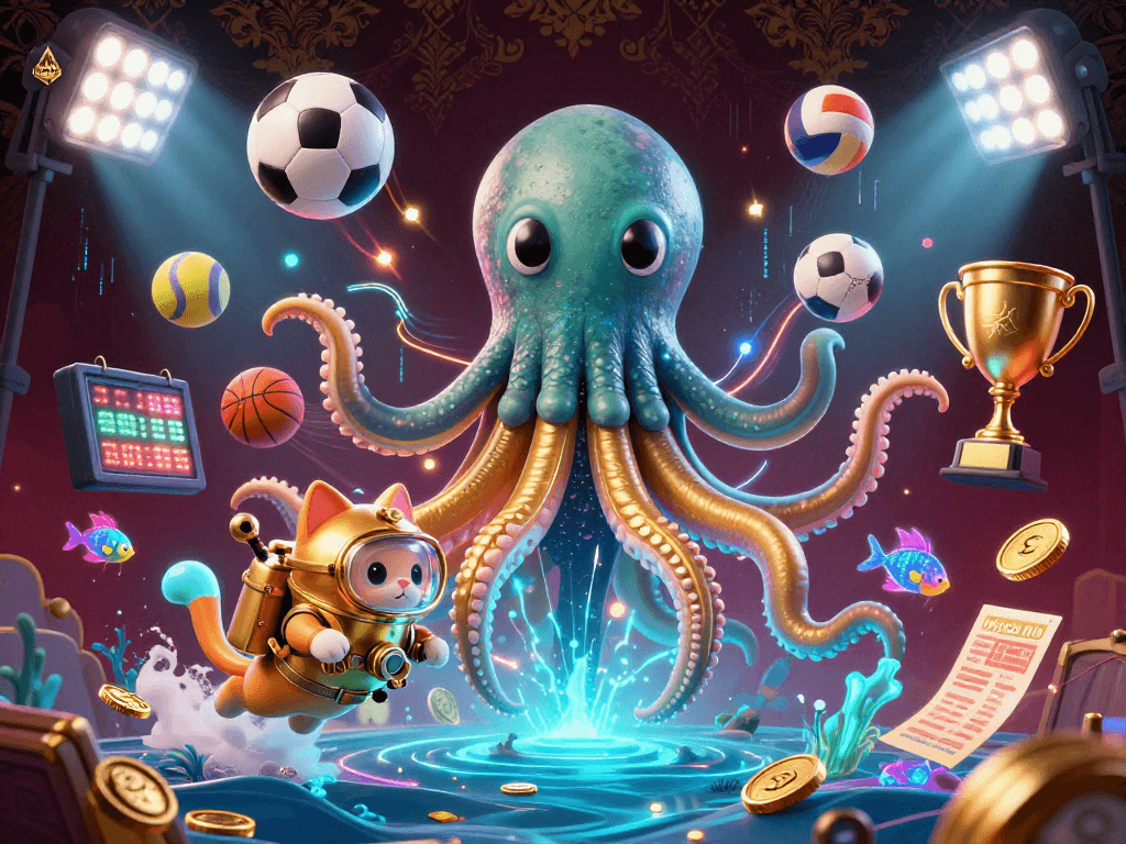 Experience exciting betting action at daga88 with immersive kraken and diving cat illustration.