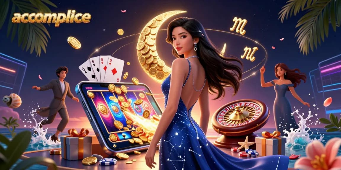 Engage with the accomplice experience through thrilling slot games and exclusive bonuses in a vibrant digital illustration.