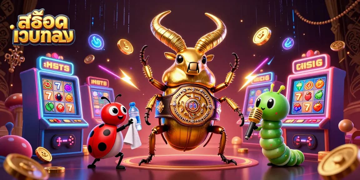 Engage with สล็อตเว็บตรง as golden stag beetle battles luck with vibrant slots and casino symbols.