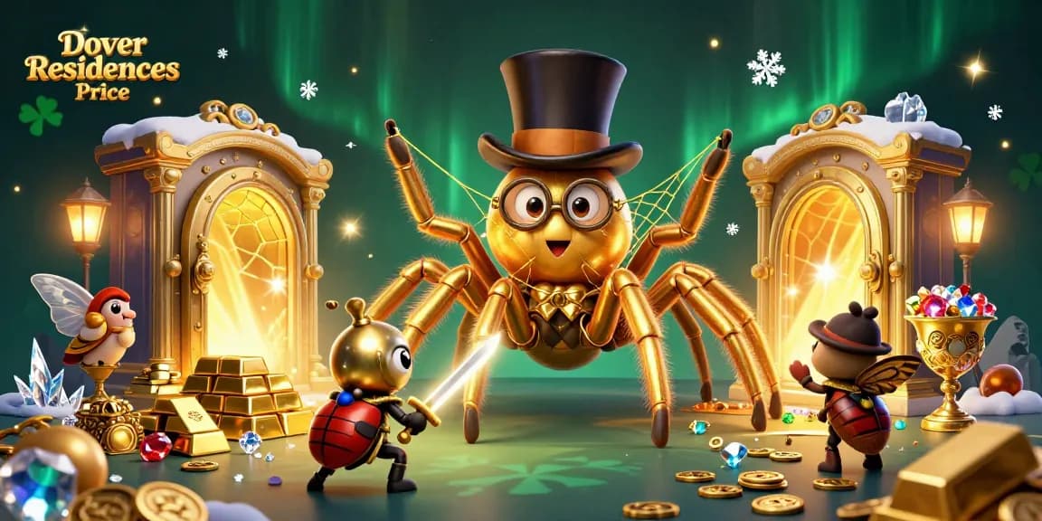 Menangkan Harga Dover Residences dengan tarantula emas raksasa dan ksatria kumbang dalam suasana kasino yang berkilau.
