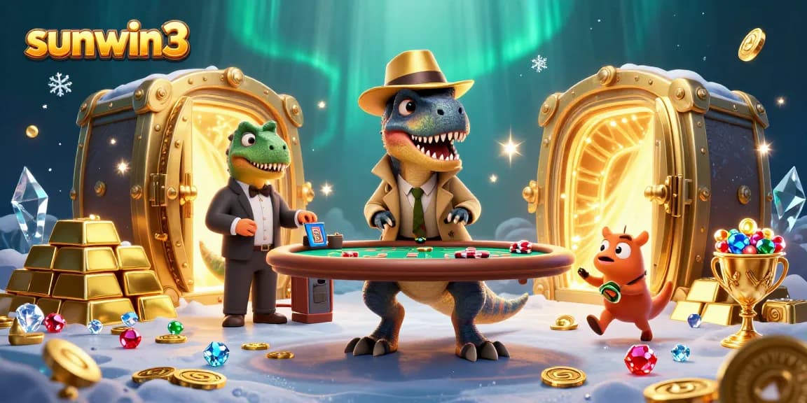 Enjoy thrilling gameplay at sunwin3 featuring animated dinosaurs at a blackjack table.