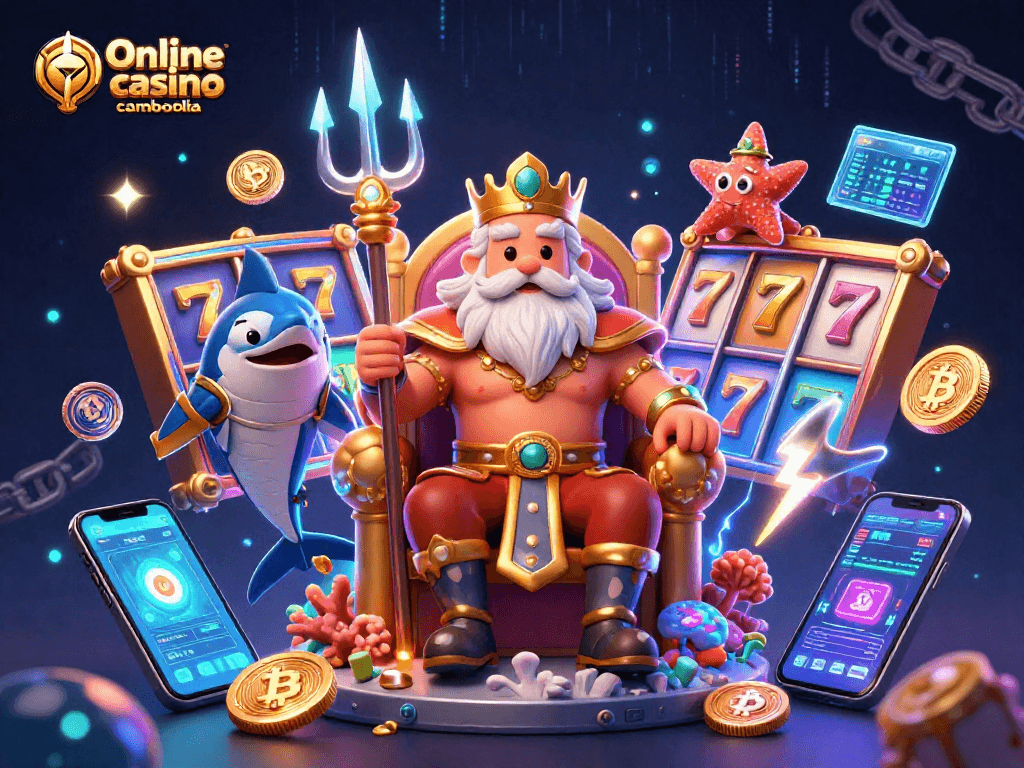 Experience the excitement of Online casino cambodia with this vibrant 3D illustration of Neptune and gaming elements.