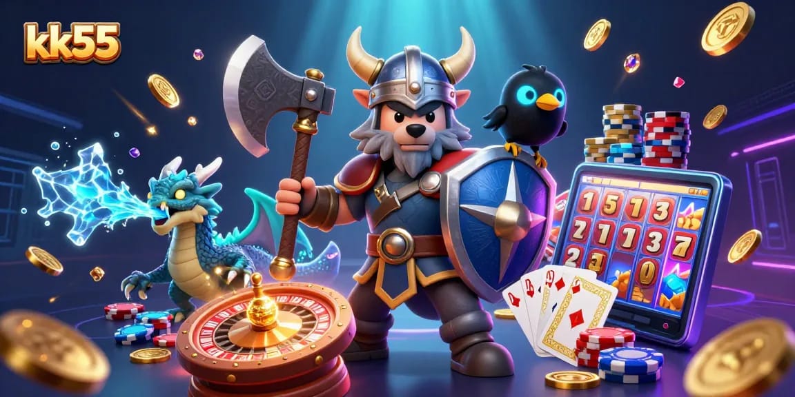 Win big at kk55 with a thrilling casino adventure featuring a Viking warrior, dragon, and treasure!