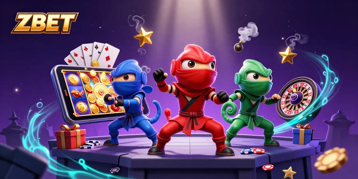 ZBET showcases ninja chameleons engaging with vibrant slot elements, embodying an exciting online casino experience.