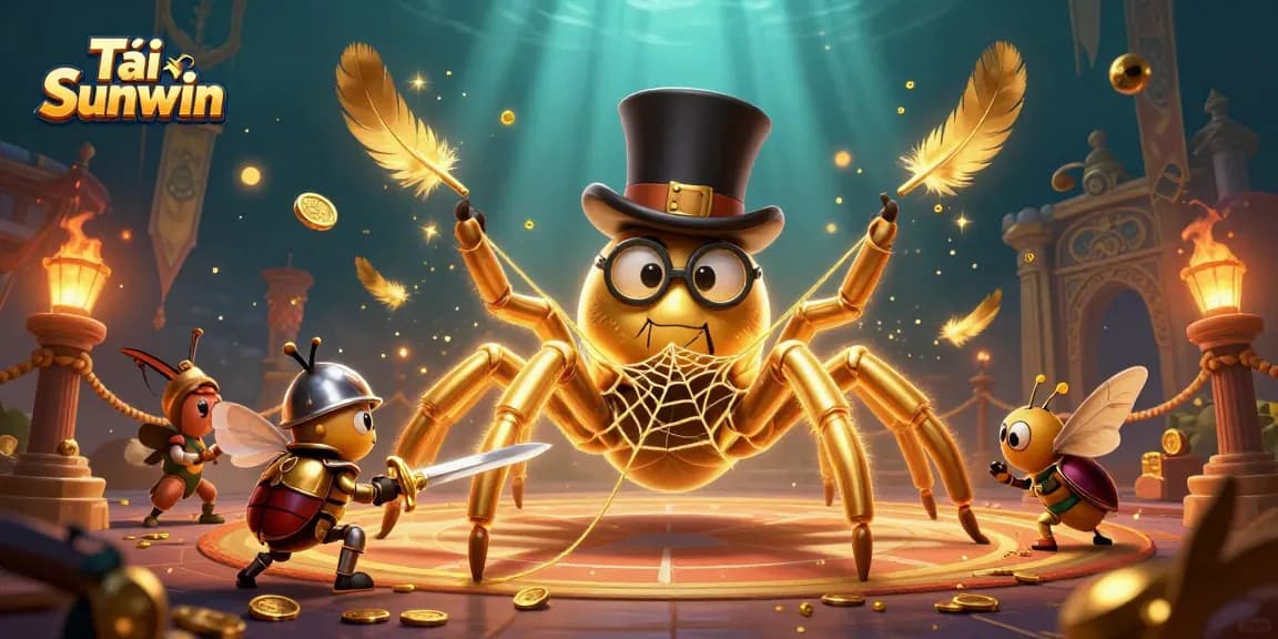 Tải Sunwin features a giant golden tarantula weaving winning webs among vibrant casino game elements.