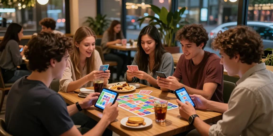 Friends playing Card Rummy in a café, visit site to enjoy fun gaming experience.