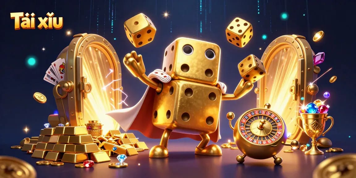 Experience Tài xỉu with a dynamic 3D illustration featuring a golden dice golem and treasure elements.