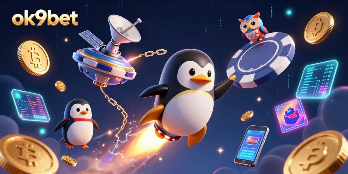 Experience the thrill of ok9bet with a golden penguin racing through space toward a casino chip.