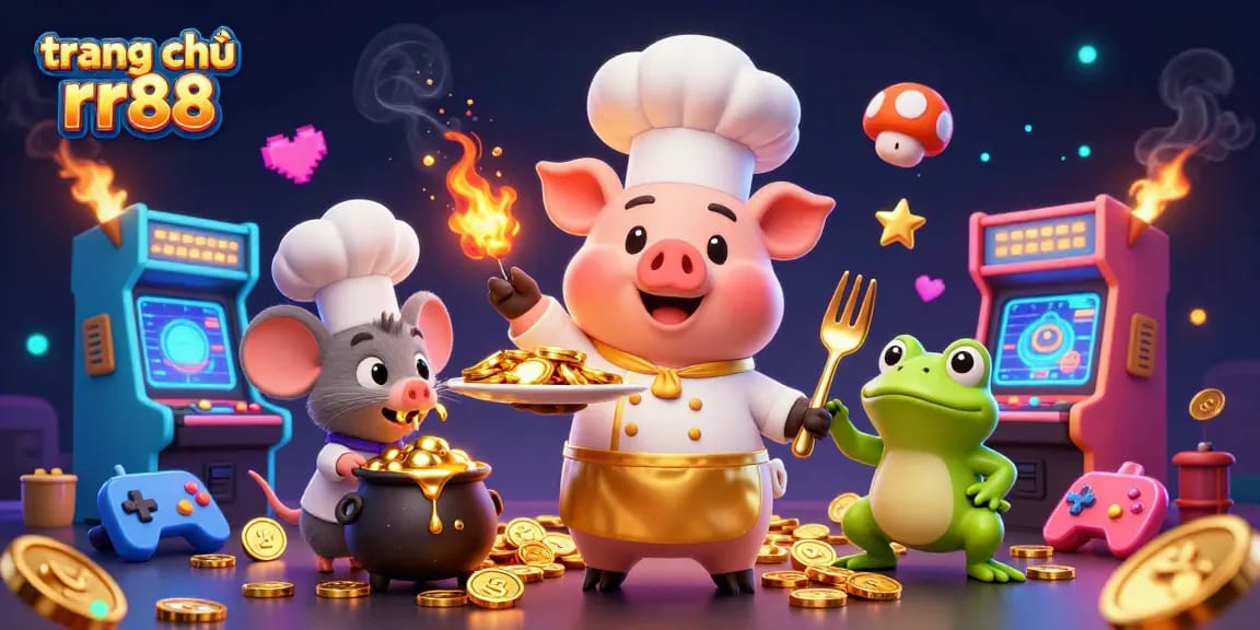 Engage with the vibrant world of trang chủ rr88 as a chef pig serves gold coins surrounded by arcade games.