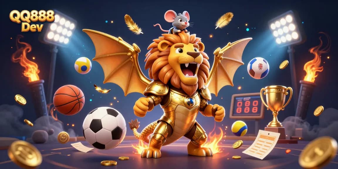 Engage with QQ888 Dev's thrilling 3D illustration featuring a golden chimera and dynamic sports elements.