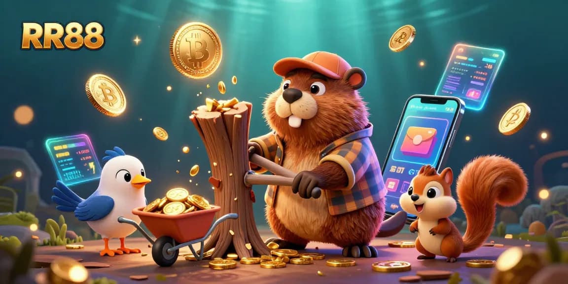 Join the action at RR88 with a lively casino scene featuring a beaver, bird, and squirrel collecting treasures!