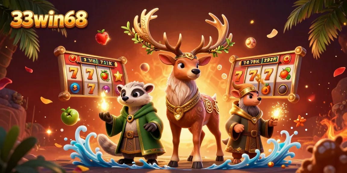 Experience thrilling gaming with 33win68 in a vibrant, intricately detailed casino scene.